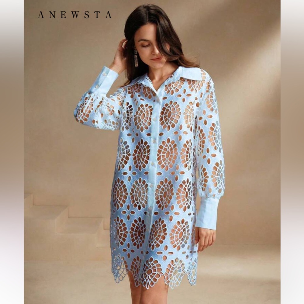 Scalloped Light Blue Eyelet Mini Dress
